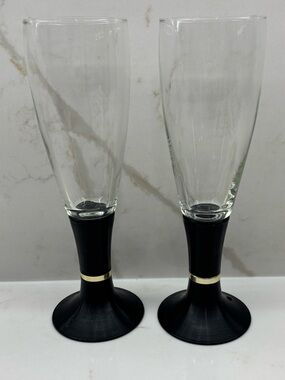 2 Vintage David Douglas Light Up Champagne Flutes Black Gold Illuminated Glasses